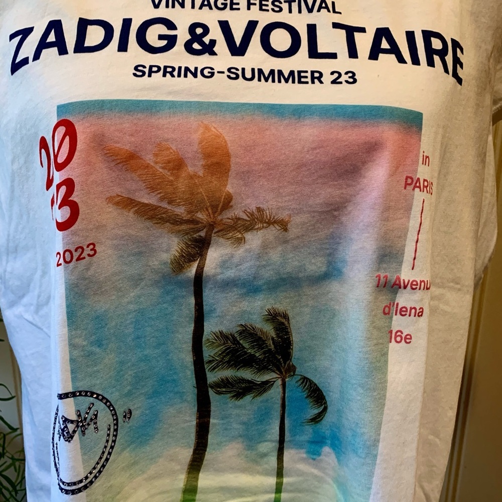 NEW ZADIG & VOLTAIRE T-SHIRT PALMIER ART FESTIVAL GRAPHIC COTTON SMALL - Picture 2 of 11